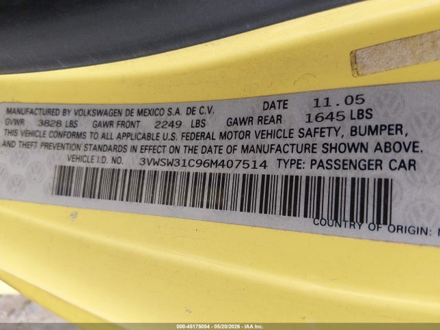 Продажа на аукционе авто 2006 Volkswagen New Beetle 2.5/2.5 (a6), vin: 3VWSW31C96M407514, номер лота: 45175054