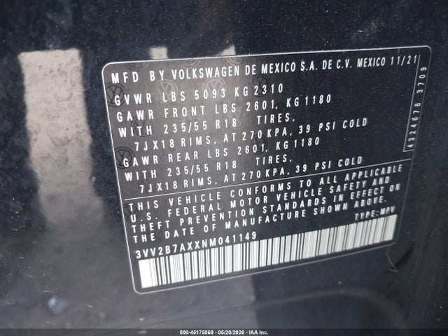 Auction sale of the 2022 Volkswagen Tiguan 2.0t Se, vin: 3VV2B7AXXNM041149, lot number: 45175069