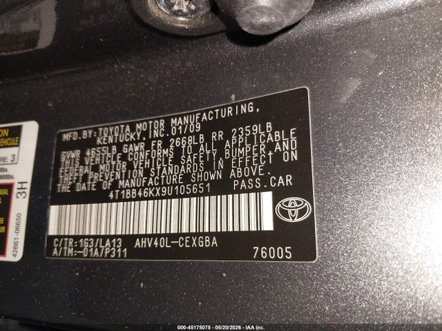 Auction sale of the 2009 Toyota Camry Hybrid, vin: 4T1BB46KX9U105651, lot number: 45175075