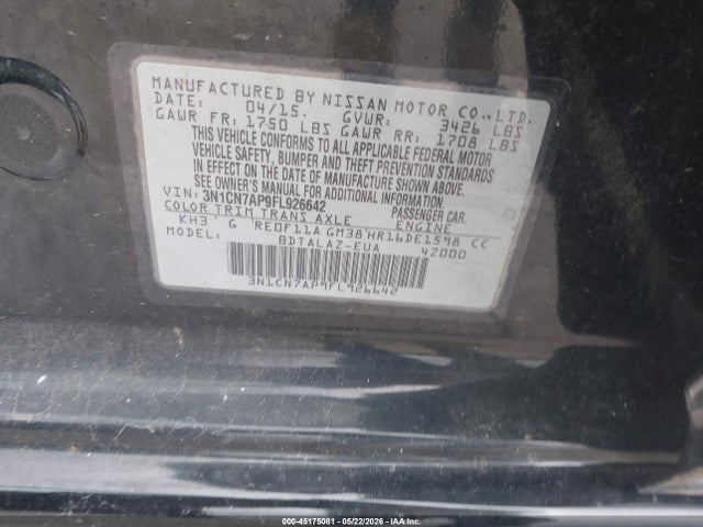 3N1CN7AP9FL926642 Nissan Versa 1.6 S+