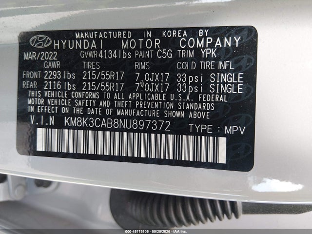 45175105 :رقم المزاد ، KM8K3CAB8NU897372 vin ، 2022 Hyundai Kona Sel مزاد بيع