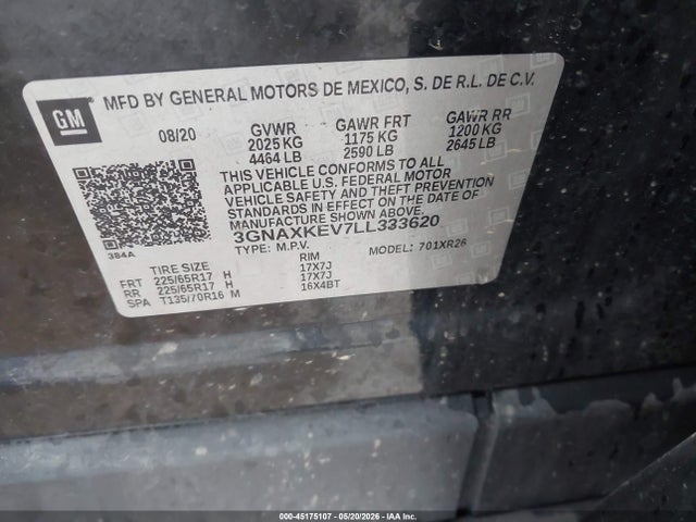 Aukcja sprzedaży 2020 Chevrolet Equinox Fwd Lt 1.5l Turbo, vin: 3GNAXKEV7LL333620, numer aukcji: 45175107
