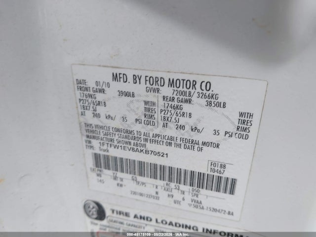 45175109 :رقم المزاد ، 1FTFW1EV8AKB70521 vin ، 2010 Ford F-150 Fx4/harley-davidson/king Ranch/lariat/platinum/xl/xlt مزاد بيع