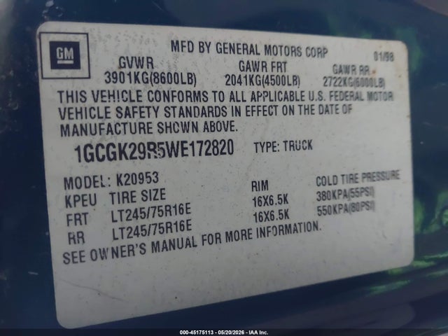 Aukcja sprzedaży 1998 Chevrolet K2500 Fleetside, vin: 1GCGK29R5WE172820, numer aukcji: 45175113