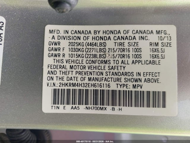 2014 Honda Cr-v Lx მანქანა იყიდება აუქციონზე, vin: 2HKRM4H32EH616116, აუქციონის ნომერი: 45175118