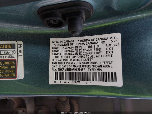 Aukcja sprzedaży 2015 Honda Cr-v Ex, vin: 2HKRM3H59FH529987, numer aukcji: 45175127