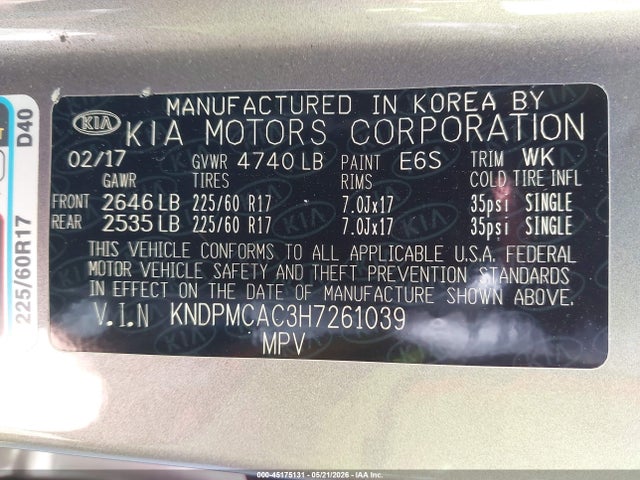Продажа на аукционе авто 2017 Kia Sportage Lx, vin: KNDPMCAC3H7261039, номер лота: 45175131