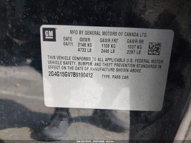 2011 Buick Regal Cxl Turbo Oshawa მანქანა იყიდება აუქციონზე, vin: 2G4G15GV7B9190412, აუქციონის ნომერი: 45175143
