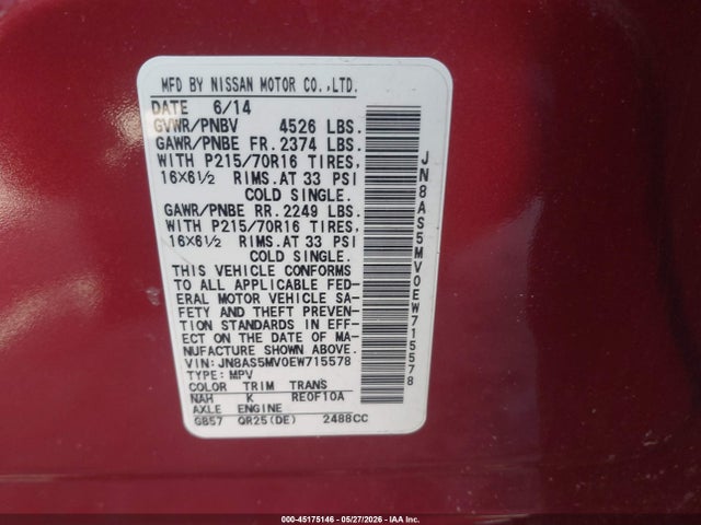 Aukcja sprzedaży 2014 Nissan Rogue Select S, vin: JN8AS5MV0EW715578, numer aukcji: 45175146