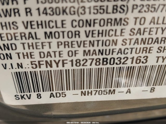 Aukcja sprzedaży 2008 Honda Pilot Vp, vin: 5FNYF18278B032163, numer aukcji: 45175161
