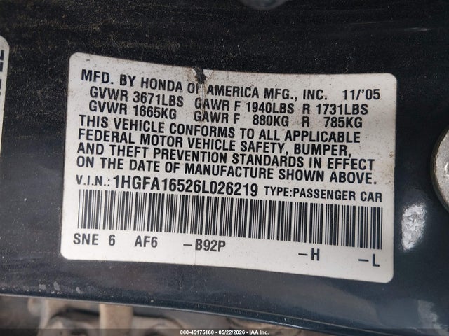 45175160 :رقم المزاد ، 1HGFA16526L026219 vin ، 2006 Honda Civic Lx مزاد بيع