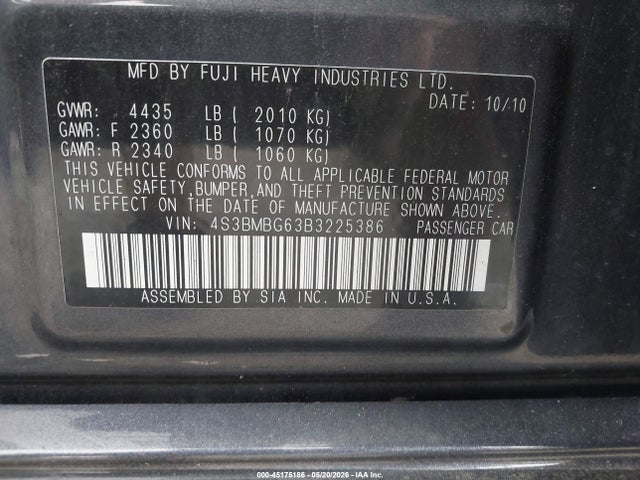 45175186 :رقم المزاد ، 4S3BMBG63B3225386 vin ، 2011 Subaru Legacy 2.5i Premium مزاد بيع
