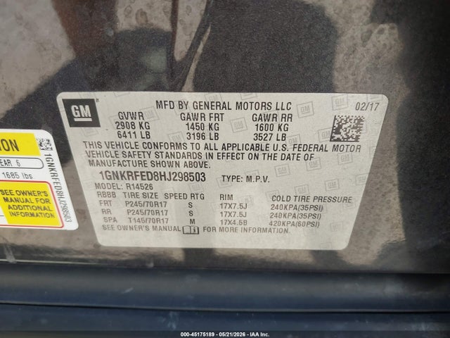 Продажа на аукционе авто 2017 Chevrolet Traverse Ls, vin: 1GNKRFED8HJ298503, номер лота: 45175189