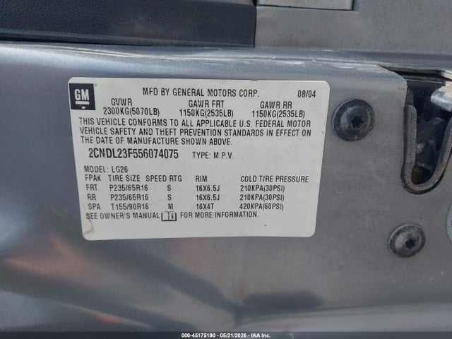 Aukcja sprzedaży 2005 Chevrolet Equinox Ls, vin: 2CNDL23F556074075, numer aukcji: 45175190