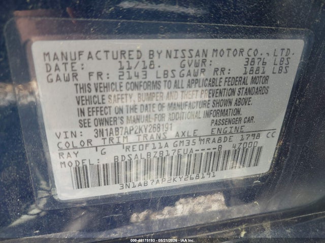 Продаж на аукціоні авто 2019 Nissan Sentra S, vin: 3N1AB7AP2KY268191, номер лоту: 45175193