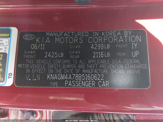 Aukcja sprzedaży 2011 Kia Optima Lx, vin: KNAGM4A78B5160622, numer aukcji: 45175204