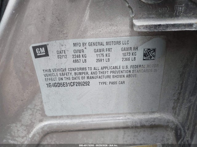 45175205 :رقم المزاد ، 1G4GD5E31CF289292 vin ، 2012 Buick Lacrosse Premium 1 Group مزاد بيع
