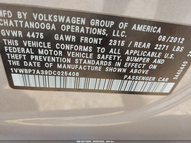 Продаж на аукціоні авто 2013 Volkswagen Passat 2.5l Se, vin: 1VWBP7A39DC025406, номер лоту: 45175206