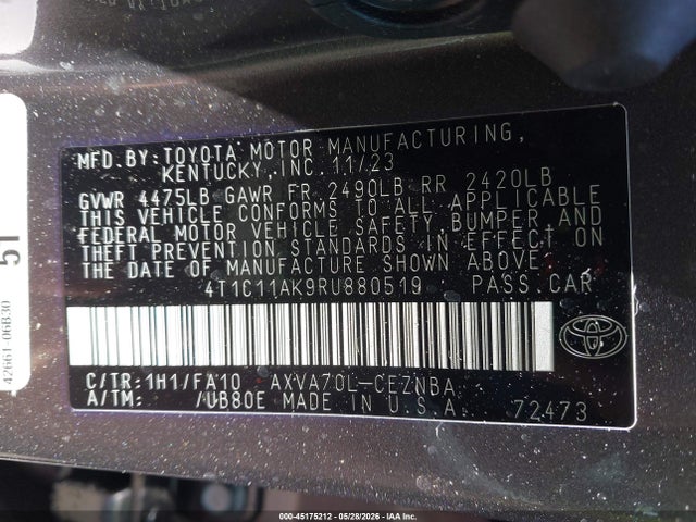 Продаж на аукціоні авто 2024 Toyota Camry Le, vin: 4T1C11AK9RU880519, номер лоту: 45175212