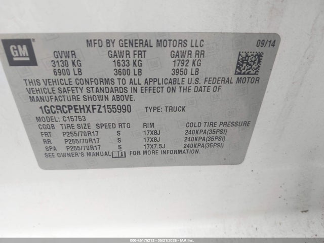 2015 Chevrolet Silverado 1500 Wt მანქანა იყიდება აუქციონზე, vin: 1GCRCPEHXFZ155990, აუქციონის ნომერი: 45175213