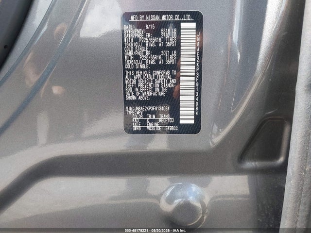 2015 Nissan Quest S მანქანა იყიდება აუქციონზე, vin: JN8AE2KP3F9134084, აუქციონის ნომერი: 45175221