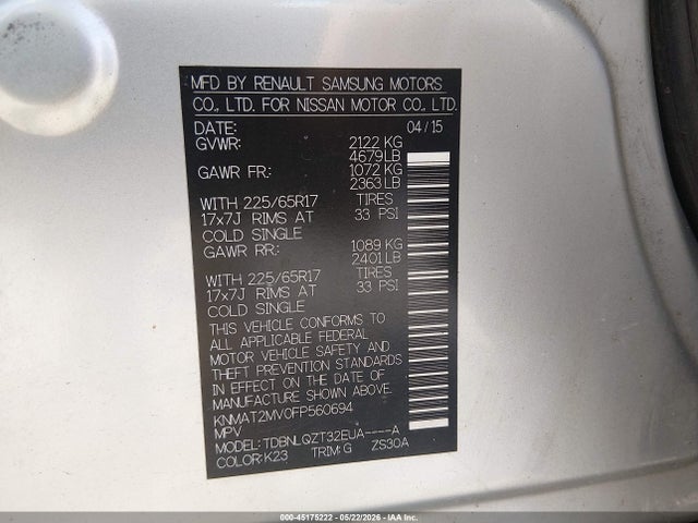 Продаж на аукціоні авто 2015 Nissan Rogue Sv, vin: KNMAT2MV0FP560694, номер лоту: 45175222