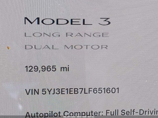 5YJ3E1EB7LF651601 Tesla Model 3 Long Range Dual Motor All-wheel Drive