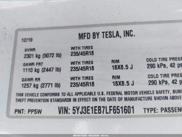 5YJ3E1EB7LF651601 Tesla Model 3 Long Range Dual Motor All-wheel Drive