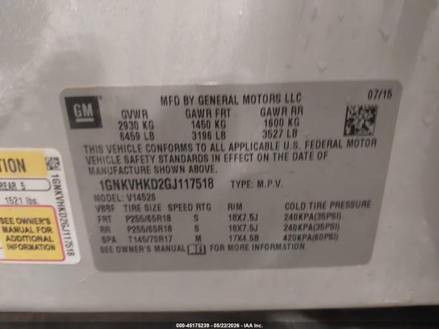 Продаж на аукціоні авто 2016 Chevrolet Traverse 2lt, vin: 1GNKVHKD2GJ117518, номер лоту: 45175239