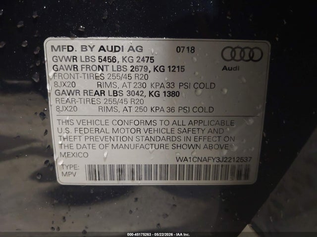 2018 Audi Q5 2.0t Premium/2.0t Tech Premium მანქანა იყიდება აუქციონზე, vin: WA1CNAFY3J2212537, აუქციონის ნომერი: 45175263