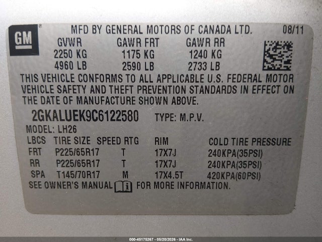 2012 Gmc Terrain Slt-1 მანქანა იყიდება აუქციონზე, vin: 2GKALUEK9C6122580, აუქციონის ნომერი: 45175267