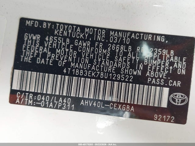 45175283 :رقم المزاد ، 4T1BB3EK7BU129522 vin ، 2011 Toyota Camry Hybrid مزاد بيع