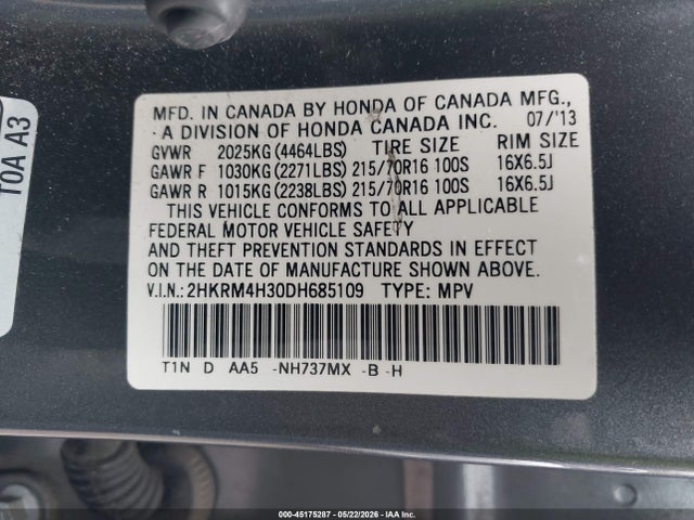 2013 Honda Cr-v Lx მანქანა იყიდება აუქციონზე, vin: 2HKRM4H30DH685109, აუქციონის ნომერი: 45175287