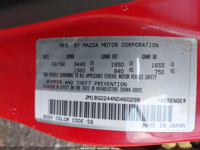 Aukcja sprzedaży 1992 Mazda Protege Dx, vin: JM1BG2244N0460298, numer aukcji: 45175298