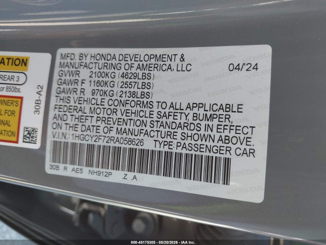 Продажа на аукционе авто 2024 Honda Accord Hybrid Sport-l, vin: 1HGCY2F72RA058626, номер лота: 45175305