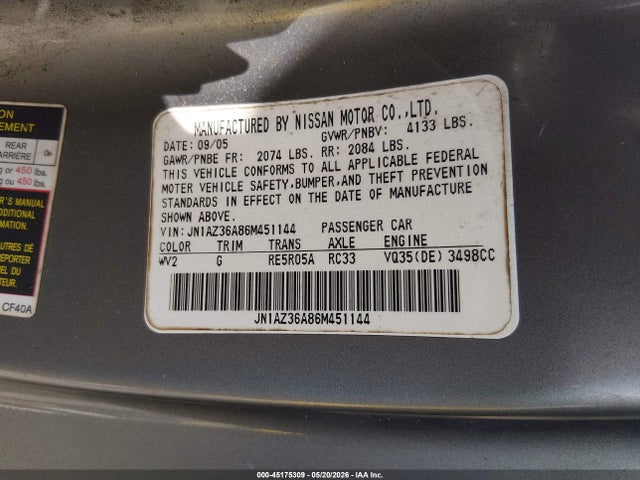 Продажа на аукционе авто 2006 Nissan 350z Touring, vin: JN1AZ36A86M451144, номер лота: 45175309