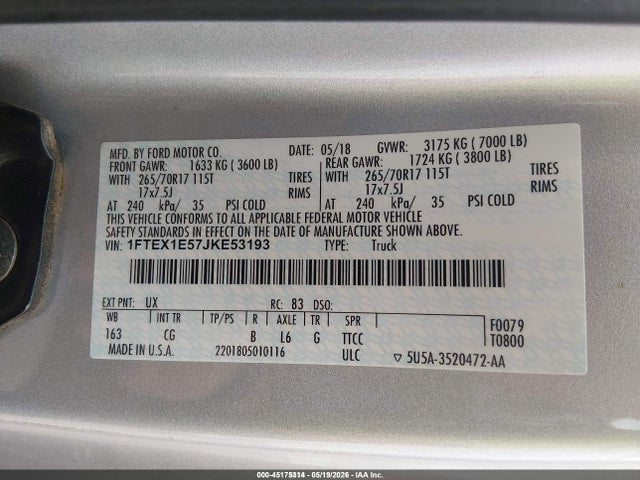 Aukcja sprzedaży 2018 Ford F-150 Xl, vin: 1FTEX1E57JKE53193, numer aukcji: 45175314