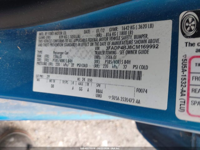 45175318 :رقم المزاد ، 3FADP4BJ8CM169992 vin ، 2012 Ford Fiesta Se مزاد بيع