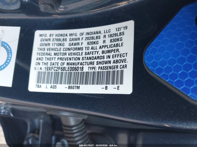 Aukcja sprzedaży 2020 Honda Civic Lx, vin: 19XFC2F68LE006018, numer aukcji: 45175327