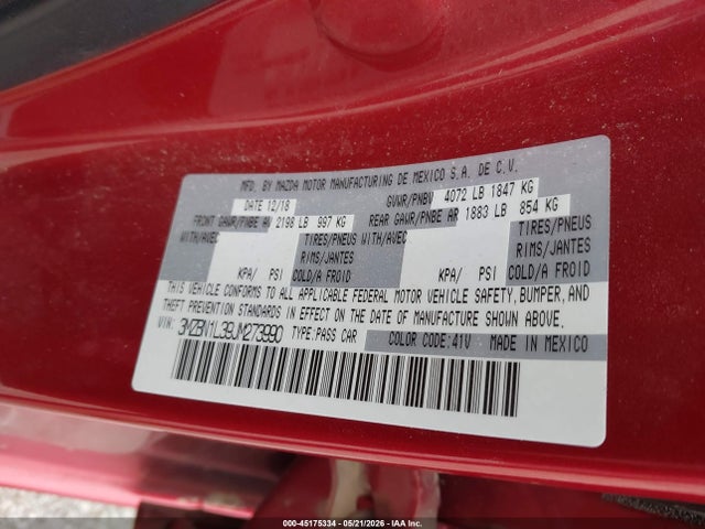 45175334 :رقم المزاد ، 3MZBN1L39JM273990 vin ، 2018 Mazda Mazda3 Touring مزاد بيع