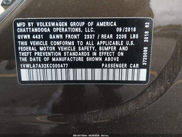 45175344 :رقم المزاد ، 1VWLA7A32KC000477 vin ، 2019 Volkswagen Passat 2.0t Wolfsburg Edition مزاد بيع
