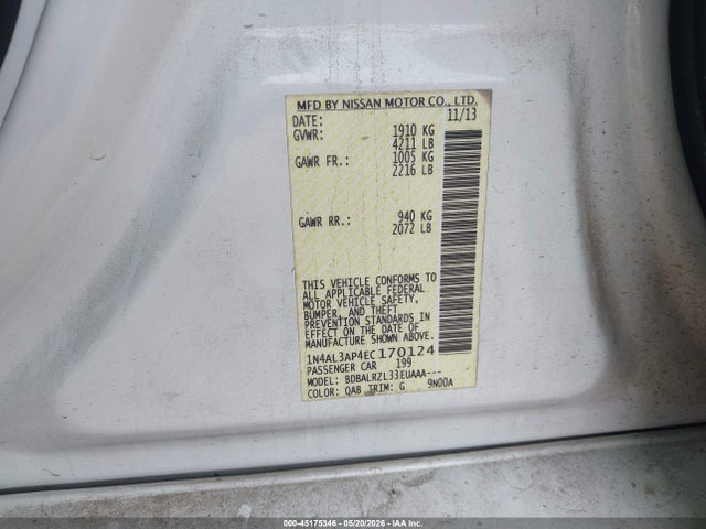Aukcja sprzedaży 2014 Nissan Altima 2.5 S, vin: 1N4AL3AP4EC170124, numer aukcji: 45175346