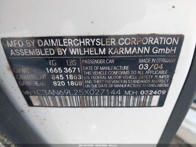 Продаж на аукціоні авто 2005 Chrysler Crossfire Limited, vin: 1C3AN69L25X027144, номер лоту: 45175359