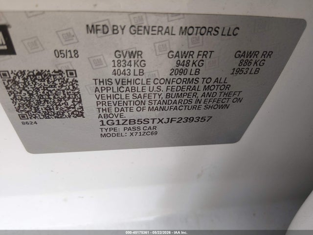 45175361 :رقم المزاد ، 1G1ZB5STXJF239357 vin ، 2018 Chevrolet Malibu 1ls مزاد بيع