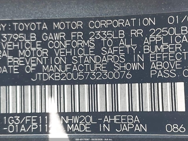 45175367 :رقم المزاد ، JTDKB20U573230076 vin ، 2007 Toyota Prius مزاد بيع