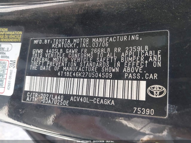 Продаж на аукціоні авто 2007 Toyota Camry Xle, vin: 4T1BE46K27U504509, номер лоту: 45175372