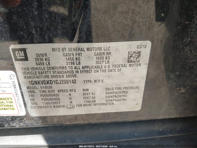 Продаж на аукціоні авто 2016 Chevrolet Traverse 1lt, vin: 1GNKVGKD1GJ299142, номер лоту: 45175374