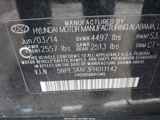 45175375 :رقم المزاد ، 5NPE34AF3FH011142 vin ، 2015 Hyundai Sonata Limited مزاد بيع