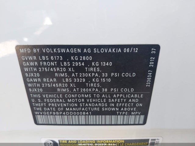 Продажа на аукционе авто 2013 Volkswagen Touareg Vr6 Executive, vin: WVGEF9BP4DD000841, номер лота: 45175383