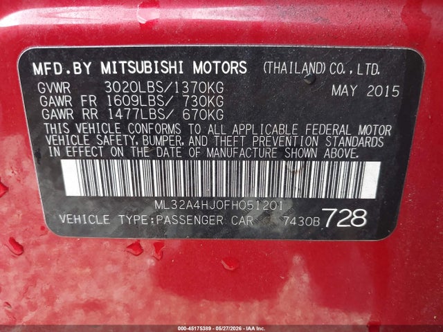 45175389 :رقم المزاد ، ML32A4HJ0FH051201 vin ، 2015 Mitsubishi Mirage Es مزاد بيع
